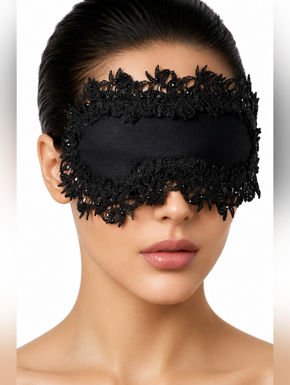 La Perla Silk Macramé Crystal Eye Mask Bridal Boudoir Luxury Black dark fairy